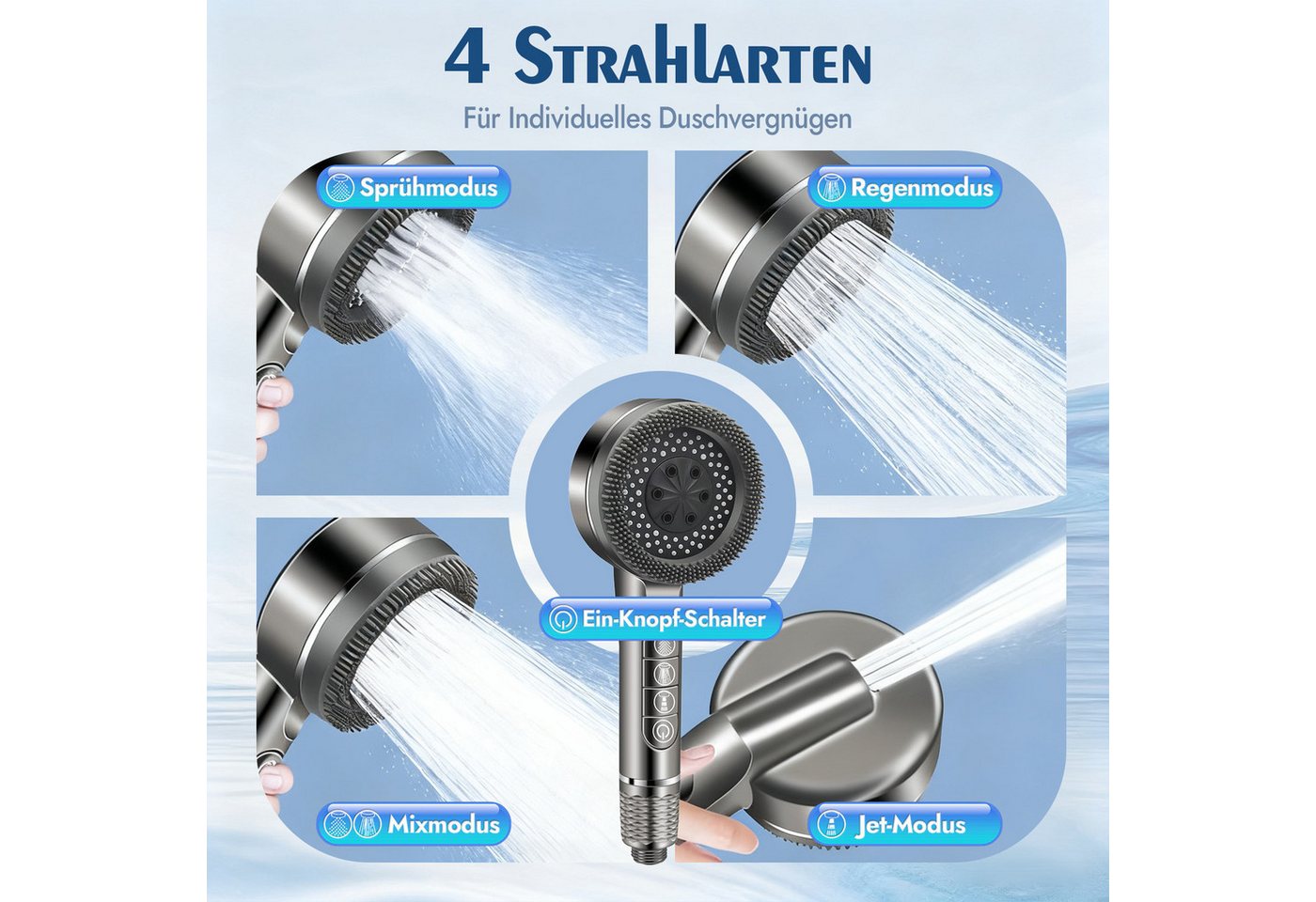 ANYSUN Handbrause Duschkopf mit Schlauch, Filter und Halterung ohne bohren, Wassersparender Handbrause Hochdruck, Duschkopf mit 4 Strahlarten – Bild 3 von 5