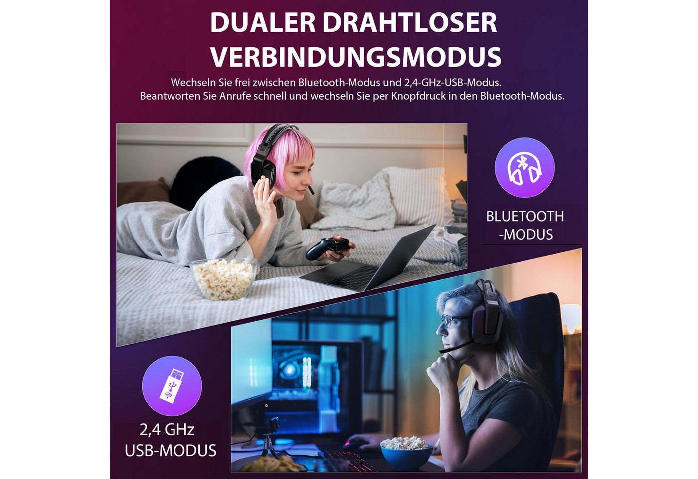 ANYSUN Kabelloses Gaming-Headset Bluetooth Gaming-Kopfhörer Schwarz Gaming-Headset (Headset Mit Mikrofon Geräuschunterdrückung, Bluetooth Headset, für PC/PS4/PS – Bild 2 von 5