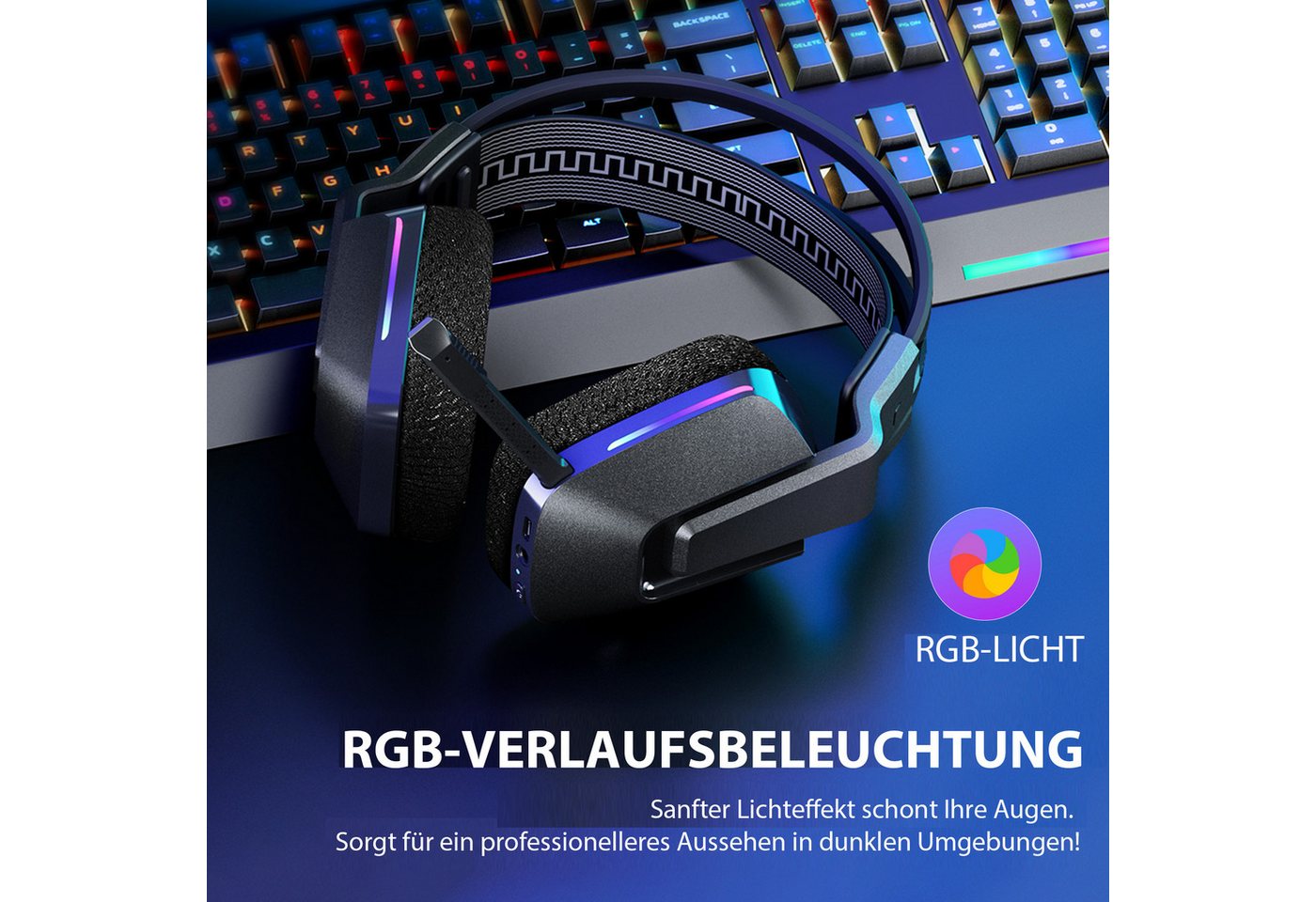 ANYSUN Kabelloses Gaming-Headset Bluetooth Gaming-Kopfhörer Schwarz Gaming-Headset (Headset Mit Mikrofon Geräuschunterdrückung, Bluetooth Headset, für PC/PS4/PS – Bild 4 von 5