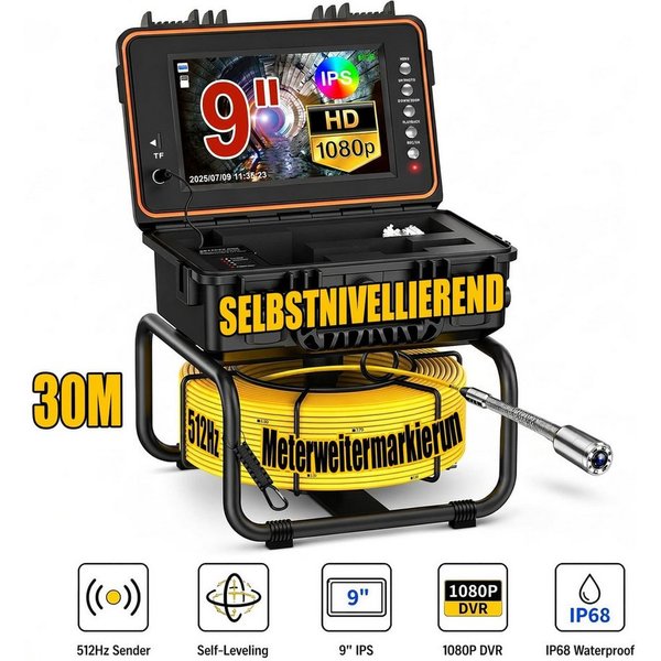 ANYSUN L09D1 Rohrkamera 30M mit Sender, Selbstnivellierung und Meterzähler Inspektionskamera (Kanalkamera mit 23mm Wasserdichter, 9" IPS Bildschirm, 1080P DVR, 