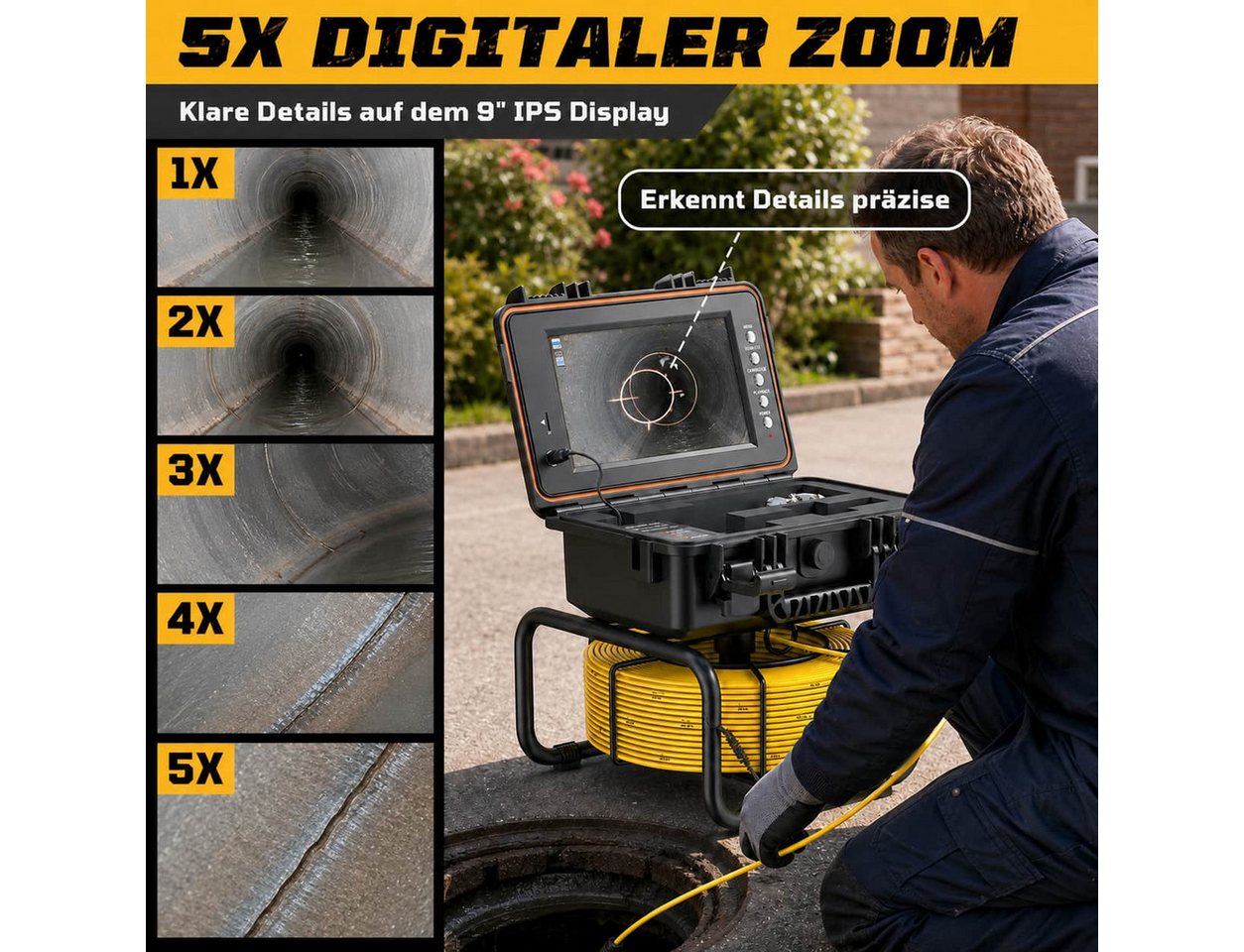 ANYSUN L09D1 Rohrkamera 30M mit Sender, Selbstnivellierung und Meterzähler Inspektionskamera (Kanalkamera mit 23mm Wasserdichter, 9" IPS Bildschirm, 1080P DVR,  – Bild 3 von 5