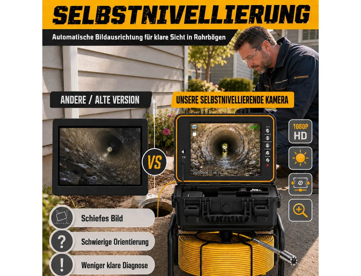 ANYSUN L09D1 Rohrkamera 30M mit Sender, Selbstnivellierung und Meterzähler Inspektionskamera (Kanalkamera mit 23mm Wasserdichter, 9" IPS Bildschirm, 1080P DVR,  – Bild 4 von 5