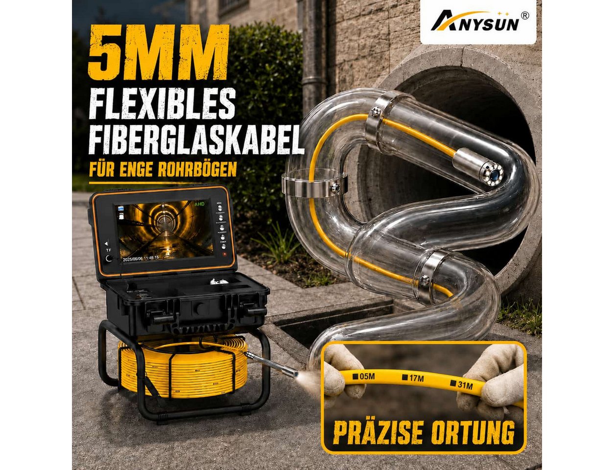 ANYSUN L09D1 Rohrkamera 30M mit Sender, Selbstnivellierung und Meterzähler Inspektionskamera (Kanalkamera mit 23mm Wasserdichter, 9" IPS Bildschirm, 1080P DVR,  – Bild 5 von 5