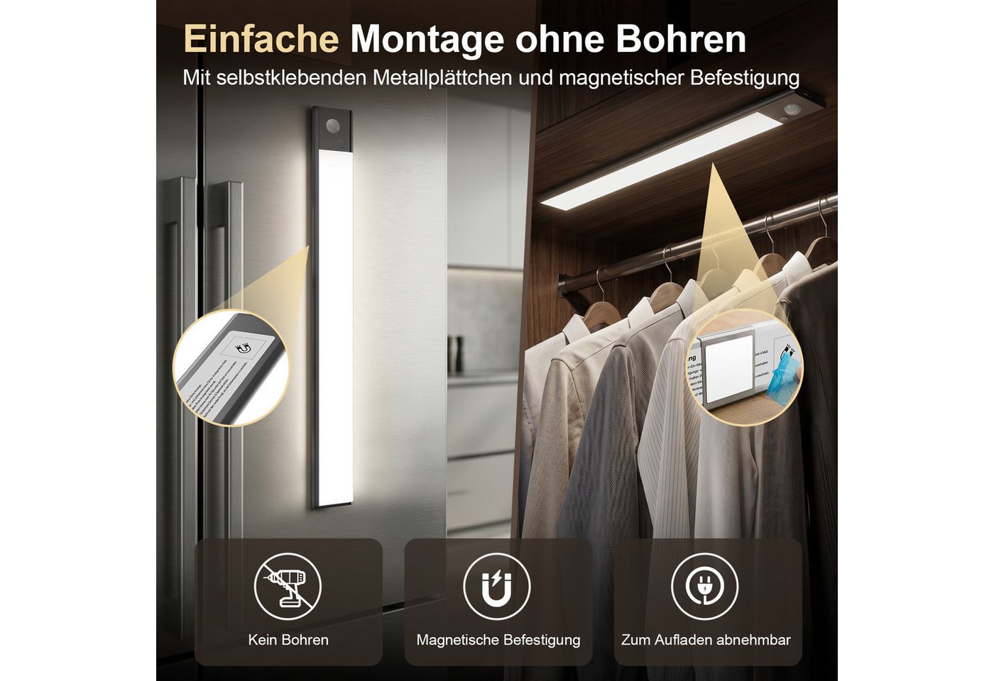 ANYSUN LED Lichtleiste ohne Kabel, RGB Schrankbeleuchtung mit Bewegungsmelder und Lichtsensor, 40 cm, 1500 mAh Akku, LED fest integriert, Farbwechsler, Kaltweiß – Bild 5 von 5