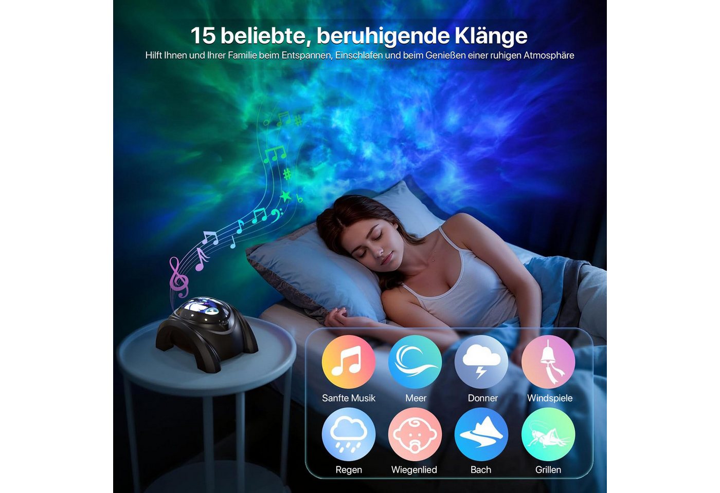 ANYSUN LED-Sternenhimmel Projektor, 58 Farben 15 Einschlafmusik Nachtlicht Kinder, Doppellinse, Bluetooth-Lautsprecher, Fernbedienung, Timer, Aurora- und Nebel- – Bild 4 von 5