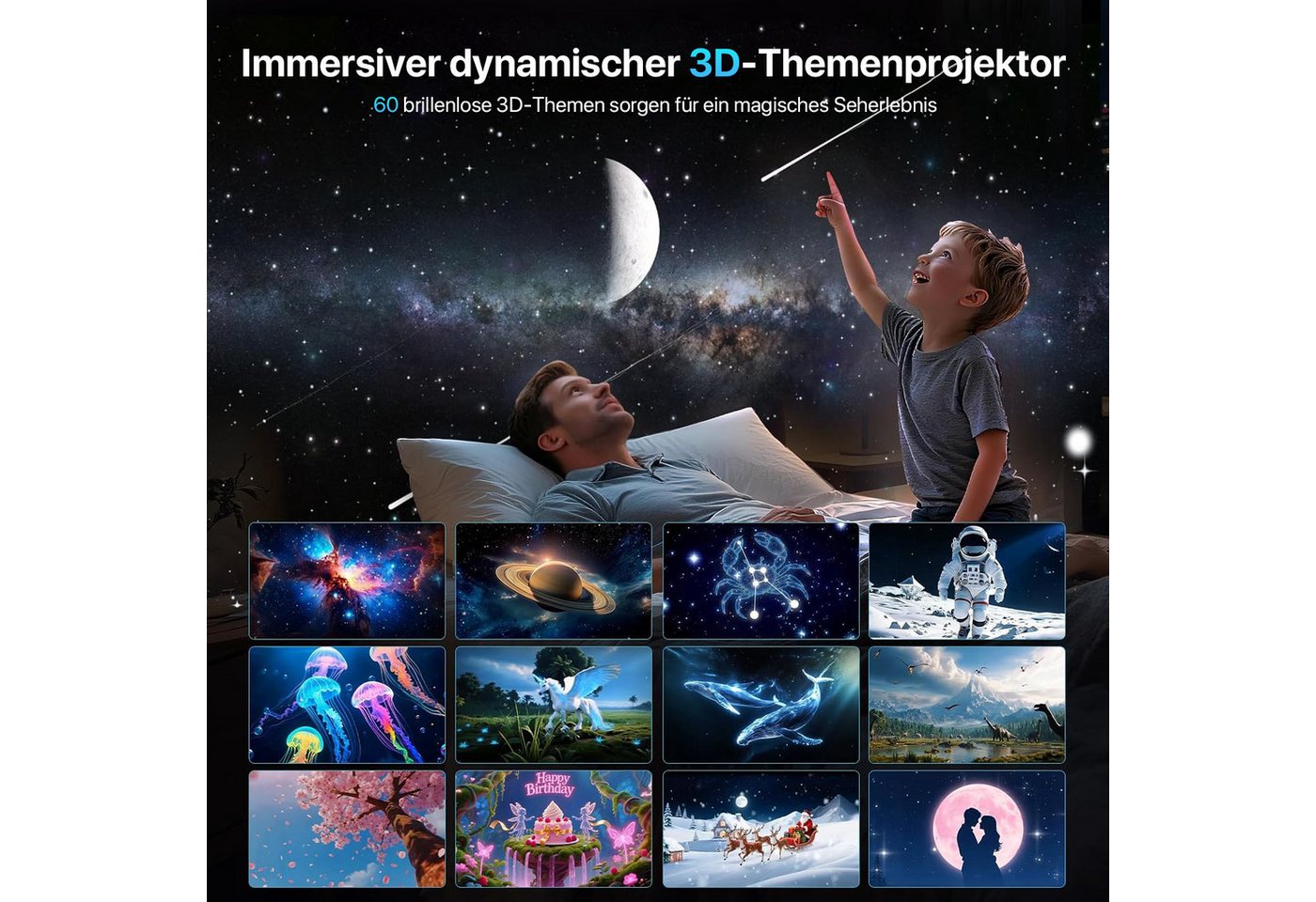 ANYSUN LED-Sternenhimmel Projektor HD 3D Galaxy Projector Nachtlicht Kinder, 3D-Projektion mit Bluetooth-Lautsprecher,Fernbedienung,Timer-Funktion, 60 Projektio – Bild 2 von 5