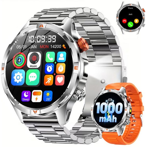ANYSUN Militär Smartwatch Herren, Outdooruhr mit 1000mAh Smartwatch (1,7 Zoll) LED Taschenlampen, Bluetooth-Anrufe,Kompass,Puls-SpO2-Schlaf-Monitor, 100+ Sportm