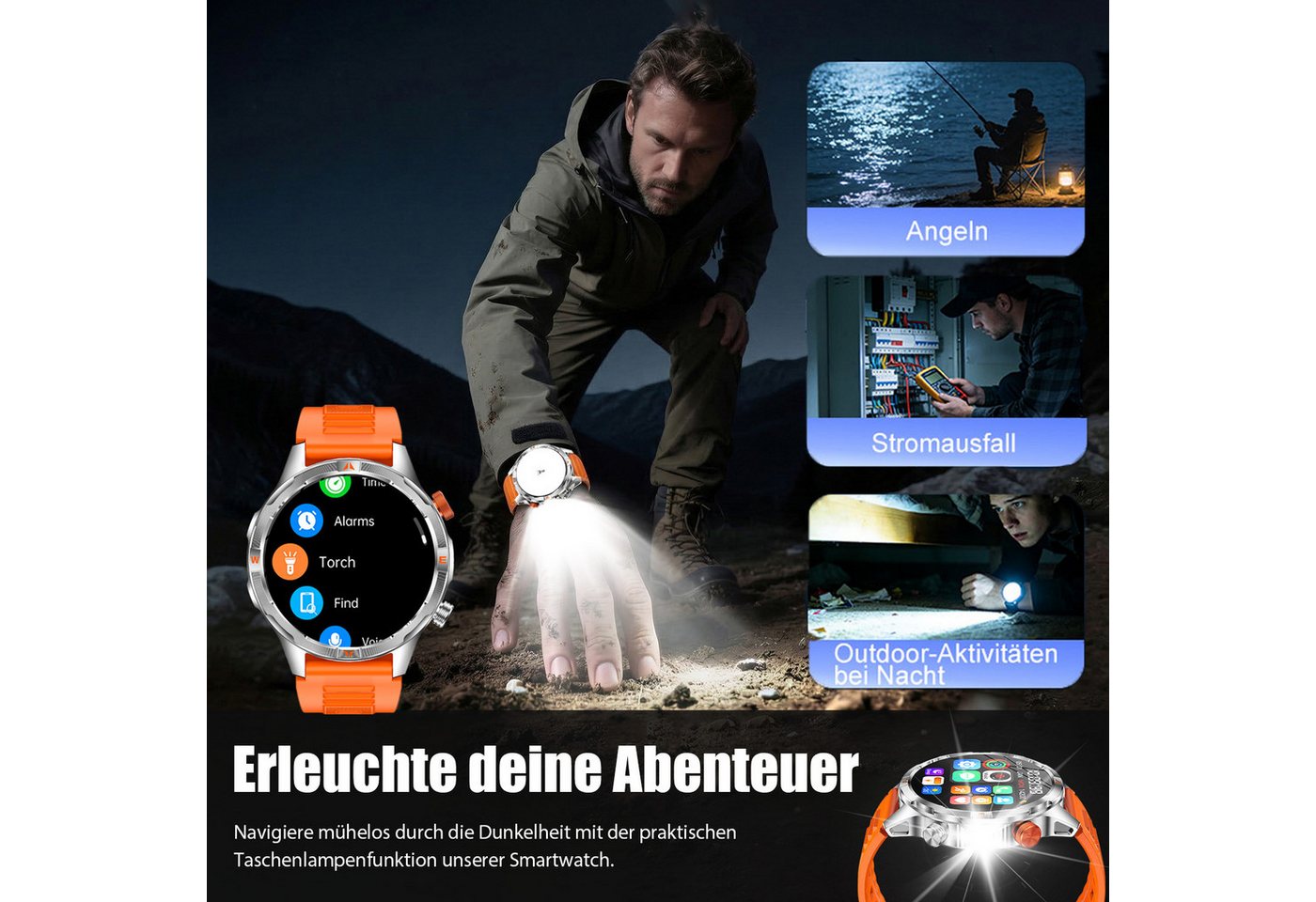 ANYSUN Militär Smartwatch Herren, Outdooruhr mit 1000mAh Smartwatch (1,7 Zoll) LED Taschenlampen, Bluetooth-Anrufe,Kompass,Puls-SpO2-Schlaf-Monitor, 100+ Sportm – Bild 2 von 5