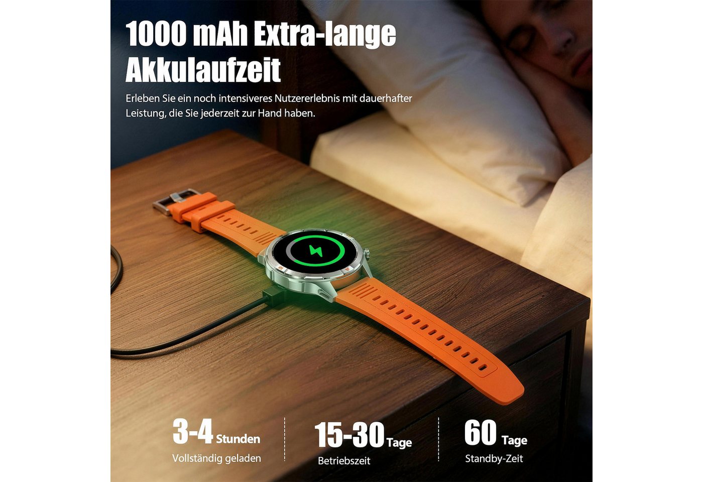 ANYSUN Militär Smartwatch Herren, Outdooruhr mit 1000mAh Smartwatch (1,7 Zoll) LED Taschenlampen, Bluetooth-Anrufe,Kompass,Puls-SpO2-Schlaf-Monitor, 100+ Sportm – Bild 3 von 5