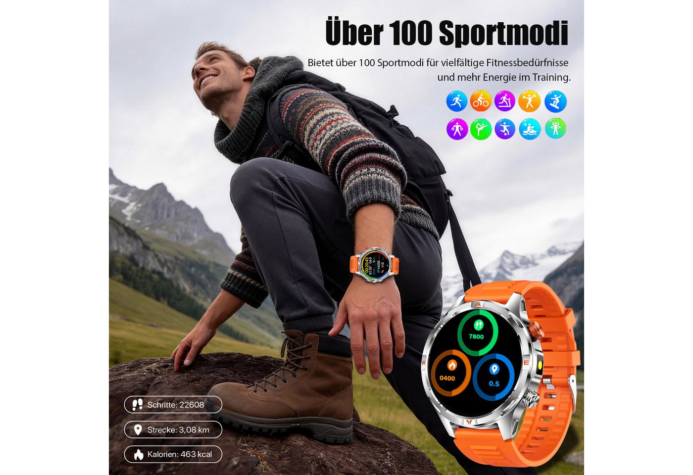 ANYSUN Militär Smartwatch Herren, Outdooruhr mit 1000mAh Smartwatch (1,7 Zoll) LED Taschenlampen, Bluetooth-Anrufe,Kompass,Puls-SpO2-Schlaf-Monitor, 100+ Sportm – Bild 5 von 5