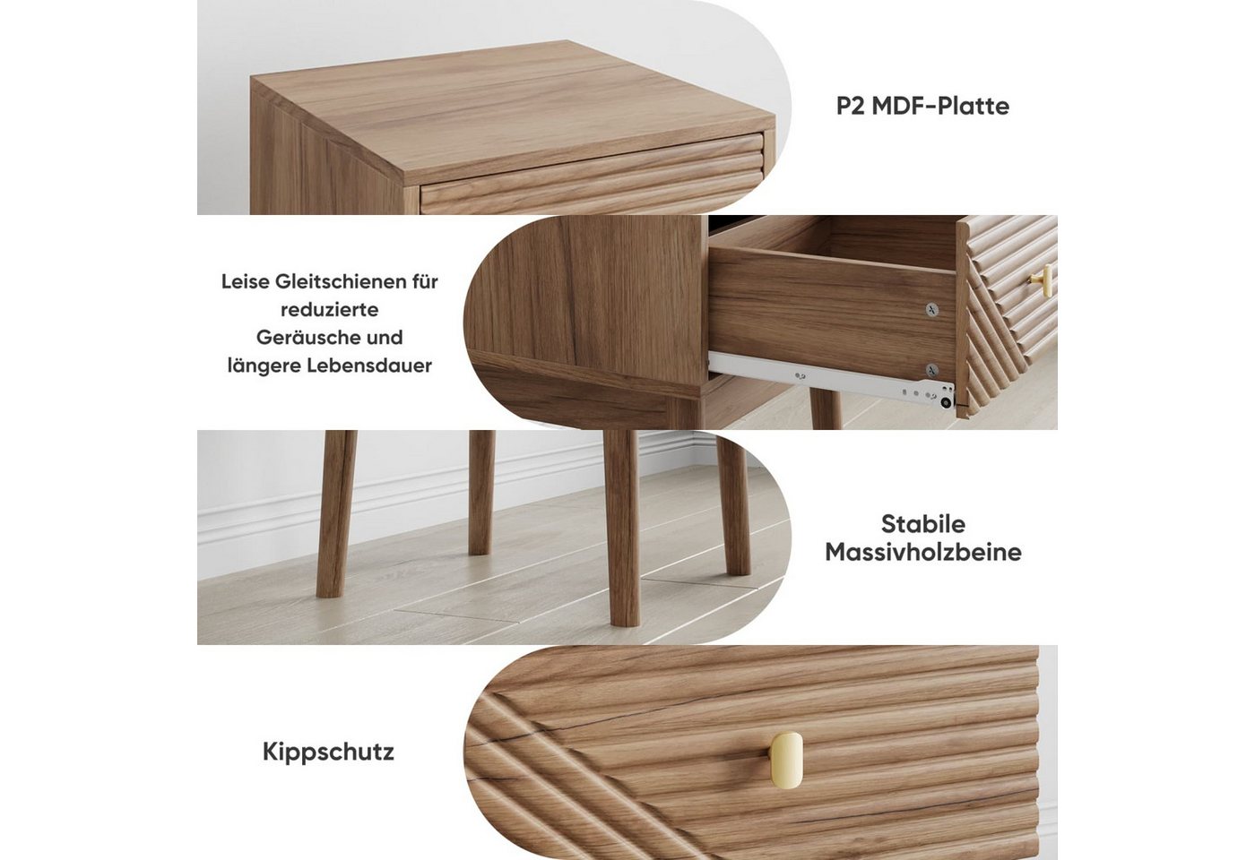 ANYSUN Nachttisch 2er Set mit Schublade,Metallgriff,Massivholzbeinen und Stauraum (Set, 2-St., Beistelltisch für Schlafzimmer,Wohnzimmer,40x40x55 cm), Nachtkomm – Bild 2 von 5