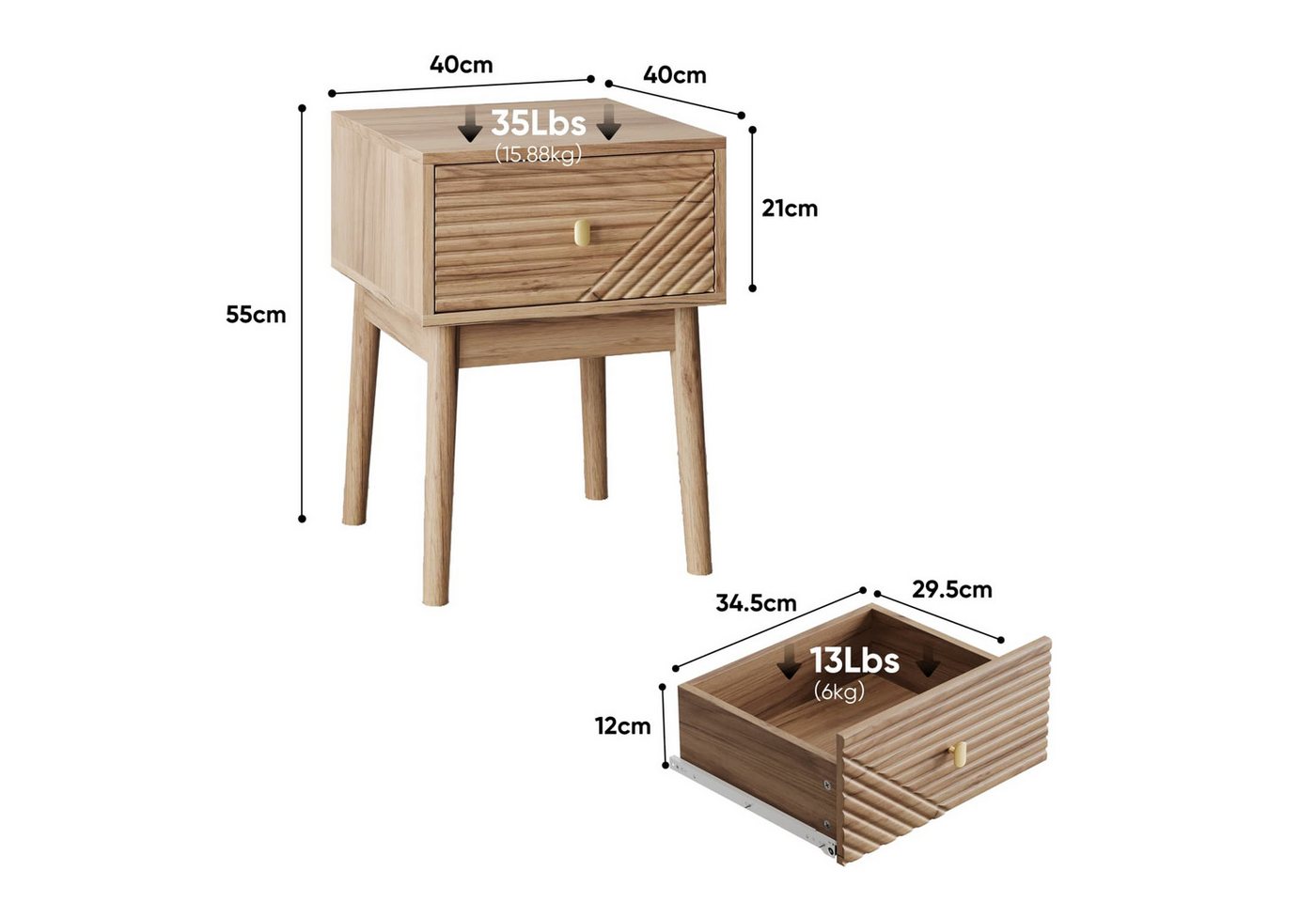 ANYSUN Nachttisch 2er Set mit Schublade,Metallgriff,Massivholzbeinen und Stauraum (Set, 2-St., Beistelltisch für Schlafzimmer,Wohnzimmer,40x40x55 cm), Nachtkomm – Bild 4 von 5