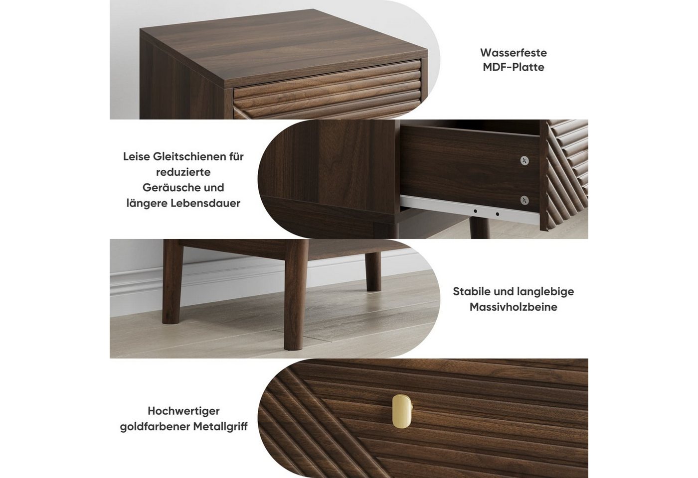 ANYSUN Nachttisch 2er Set mit Schublade,Metallgriff,Massivholzbeinen und Stauraum (Set, 2-St., Beistelltisch für Schlafzimmer,Wohnzimmer,40x40x55 cm), Nachtkomm – Bild 3 von 5