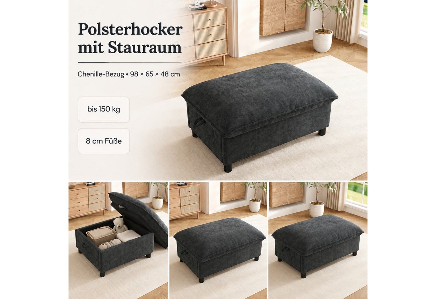 ANYSUN Polsterhocker mit Stauraum, 98 cm breit, Taschenfederkern & Chenille, bis 150 kg (1 St), mit aufklappbarer Sitzfläche, als Sofahocker & Fußhocker nutzbar – Bild 4 von 5