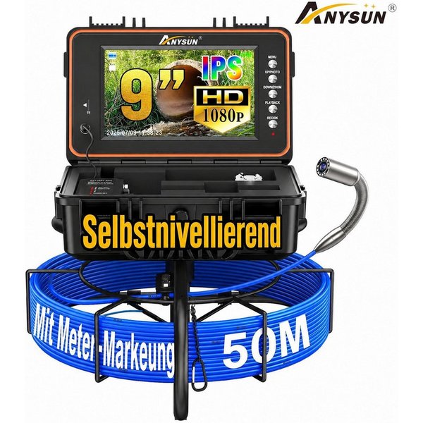 ANYSUN Rohrkamera 30/50 m, 1080P Endoskopkamera, Self-Leveling, 9-Zoll IPS Inspektionskamera (HD, Endoskop, Ladegerat, Anschlusskabel, mit Selbstnivellierung & 