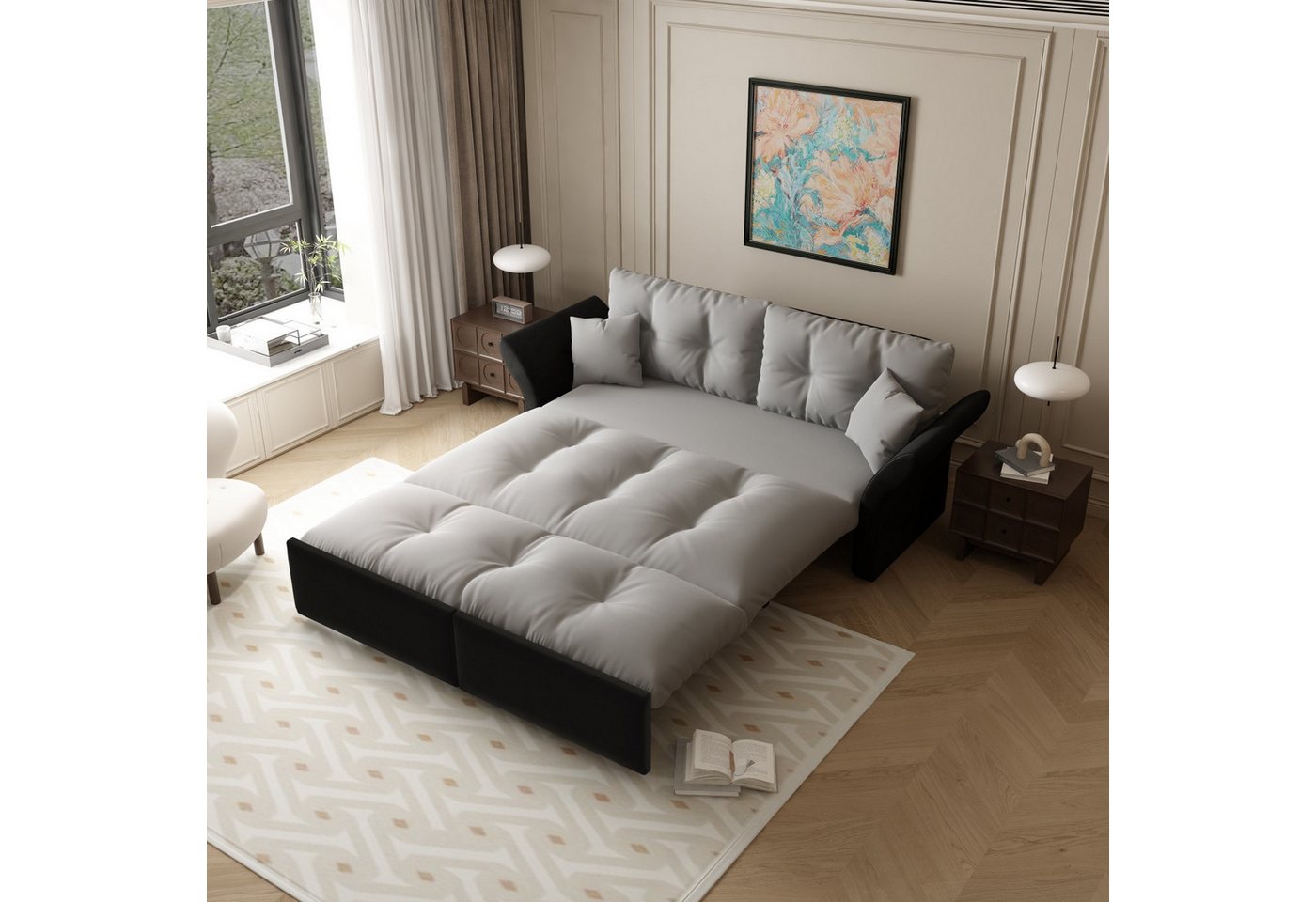 ANYSUN Schlafsofa Sofa 3-in-1, 2-Sitzer Ausziehsofa mit Schlaffunktion, mit 2 Kissen, Liegefläche 154 x 203 cm, Chaiselongue & Bettfunktion, Stahlrahmen, Multif – Bild 2 von 5
