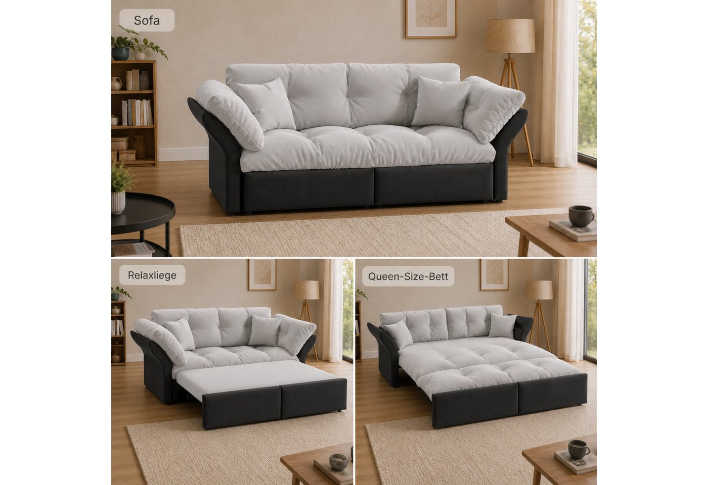 ANYSUN Schlafsofa Sofa 3-in-1, 2-Sitzer Ausziehsofa mit Schlaffunktion, mit 2 Kissen, Liegefläche 154 x 203 cm, Chaiselongue & Bettfunktion, Stahlrahmen, Multif – Bild 4 von 5
