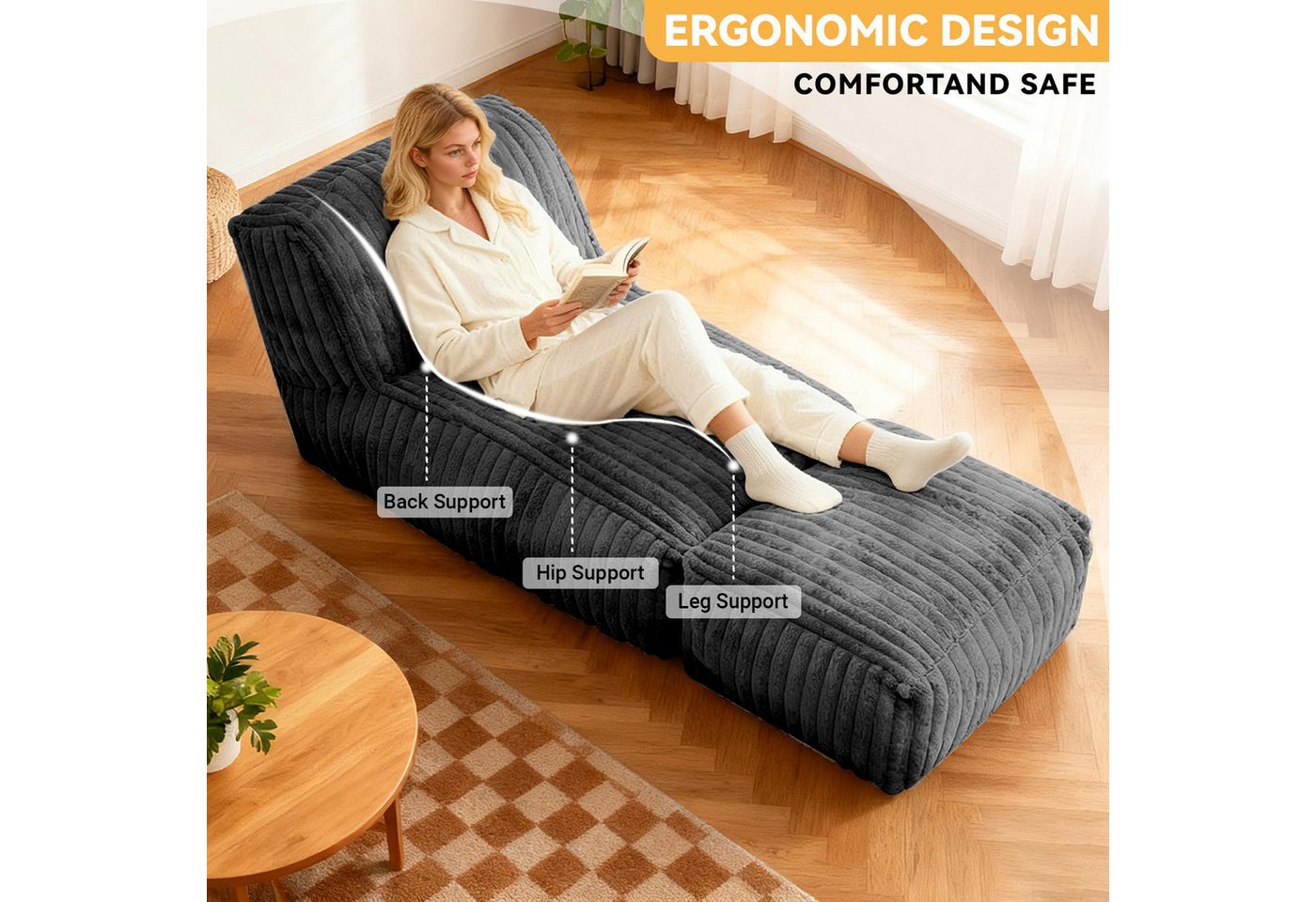 ANYSUN Sitzsack Cord Sitzsack mit Hocker,Großer Sitzsack,Lounge-Sessel für Erwachsene (Boden-Loungesessel, abnehmbarer & waschbarer Bezug,ergonomisch), Sitzsack – Bild 2 von 5