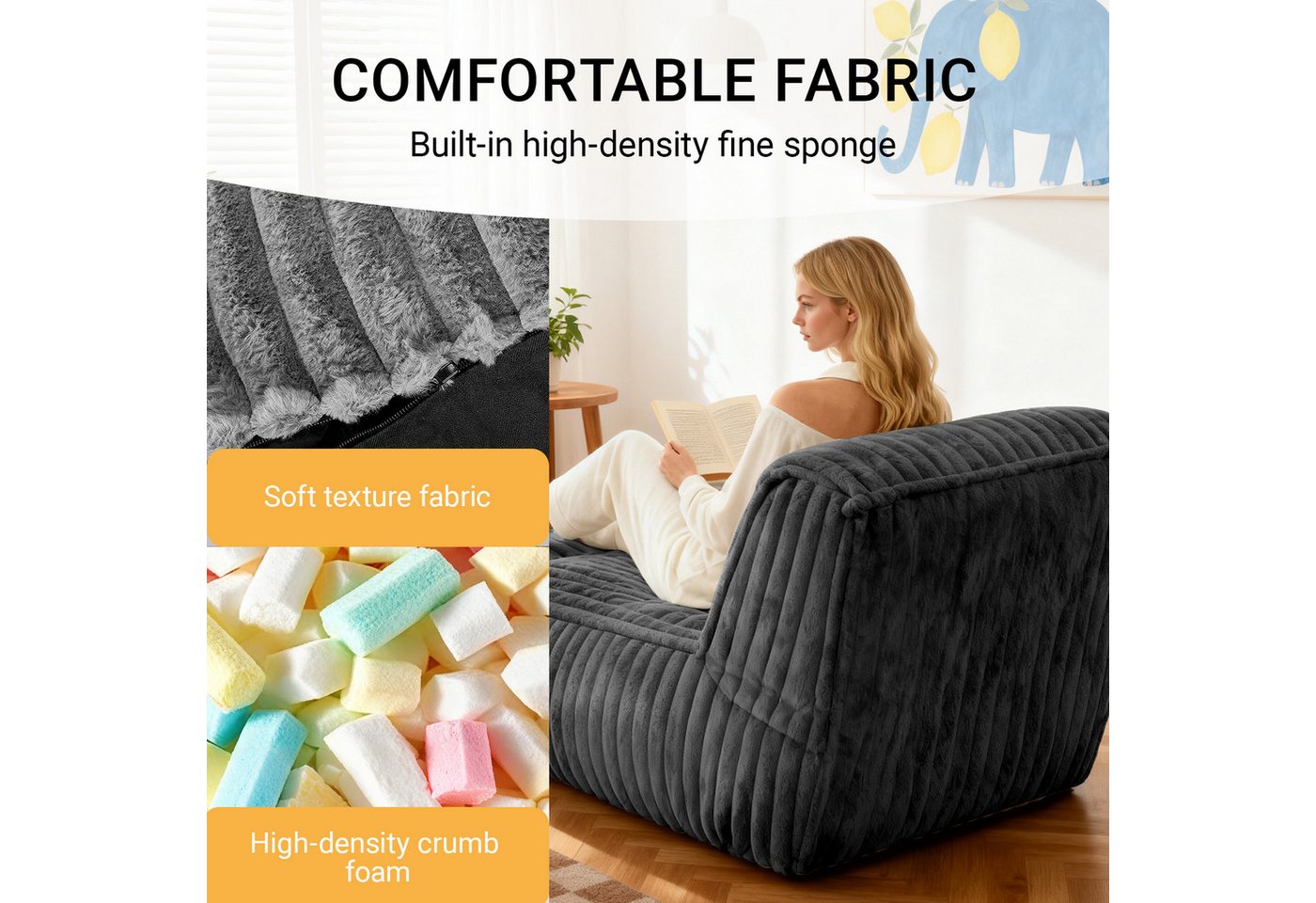 ANYSUN Sitzsack Cord Sitzsack mit Hocker,Großer Sitzsack,Lounge-Sessel für Erwachsene (Boden-Loungesessel, abnehmbarer & waschbarer Bezug,ergonomisch), Sitzsack – Bild 4 von 5