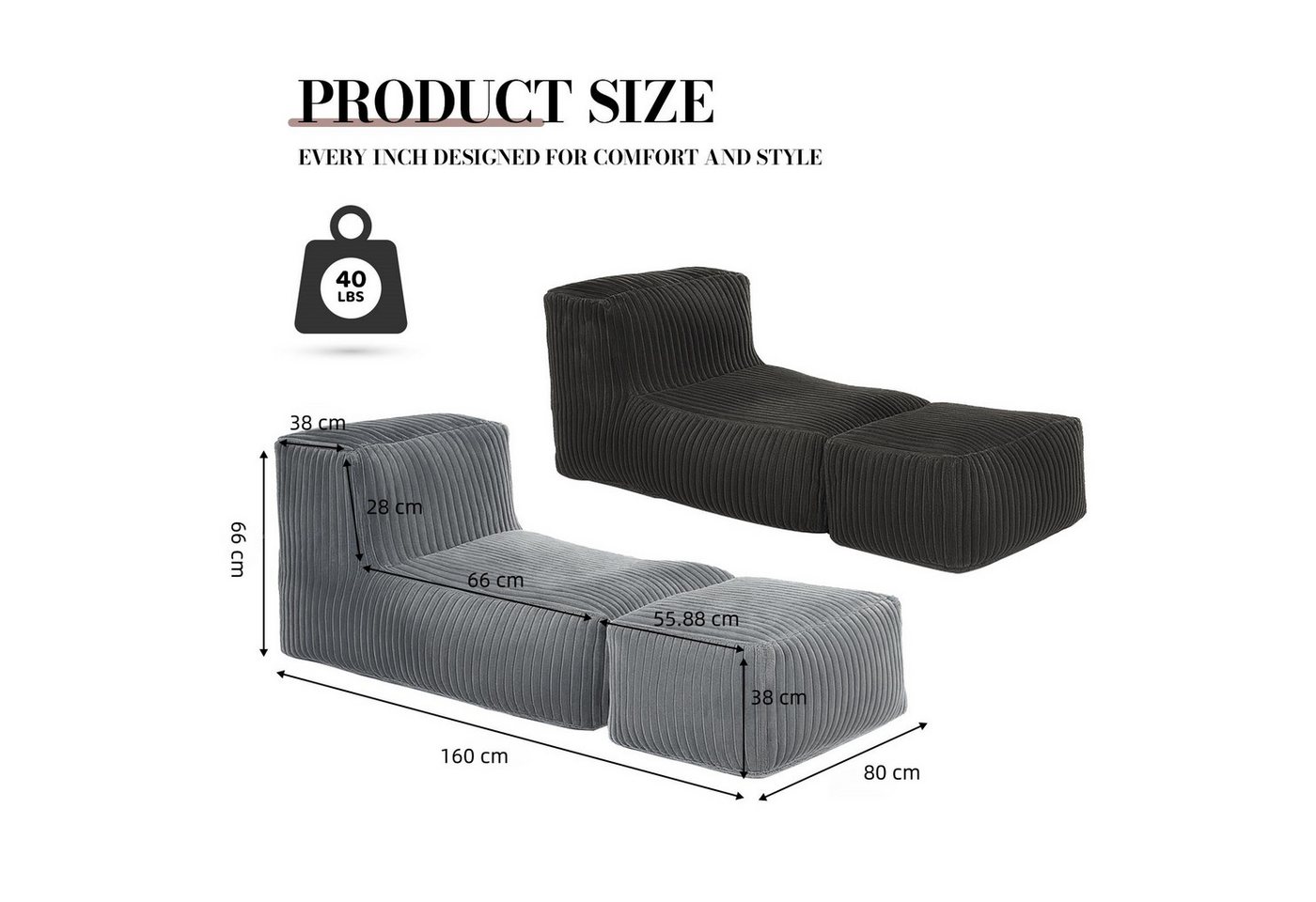 ANYSUN Sitzsack Cord Sitzsack mit Hocker,Großer Sitzsack,Lounge-Sessel für Erwachsene (Boden-Loungesessel, abnehmbarer & waschbarer Bezug,ergonomisch), Sitzsack – Bild 5 von 5