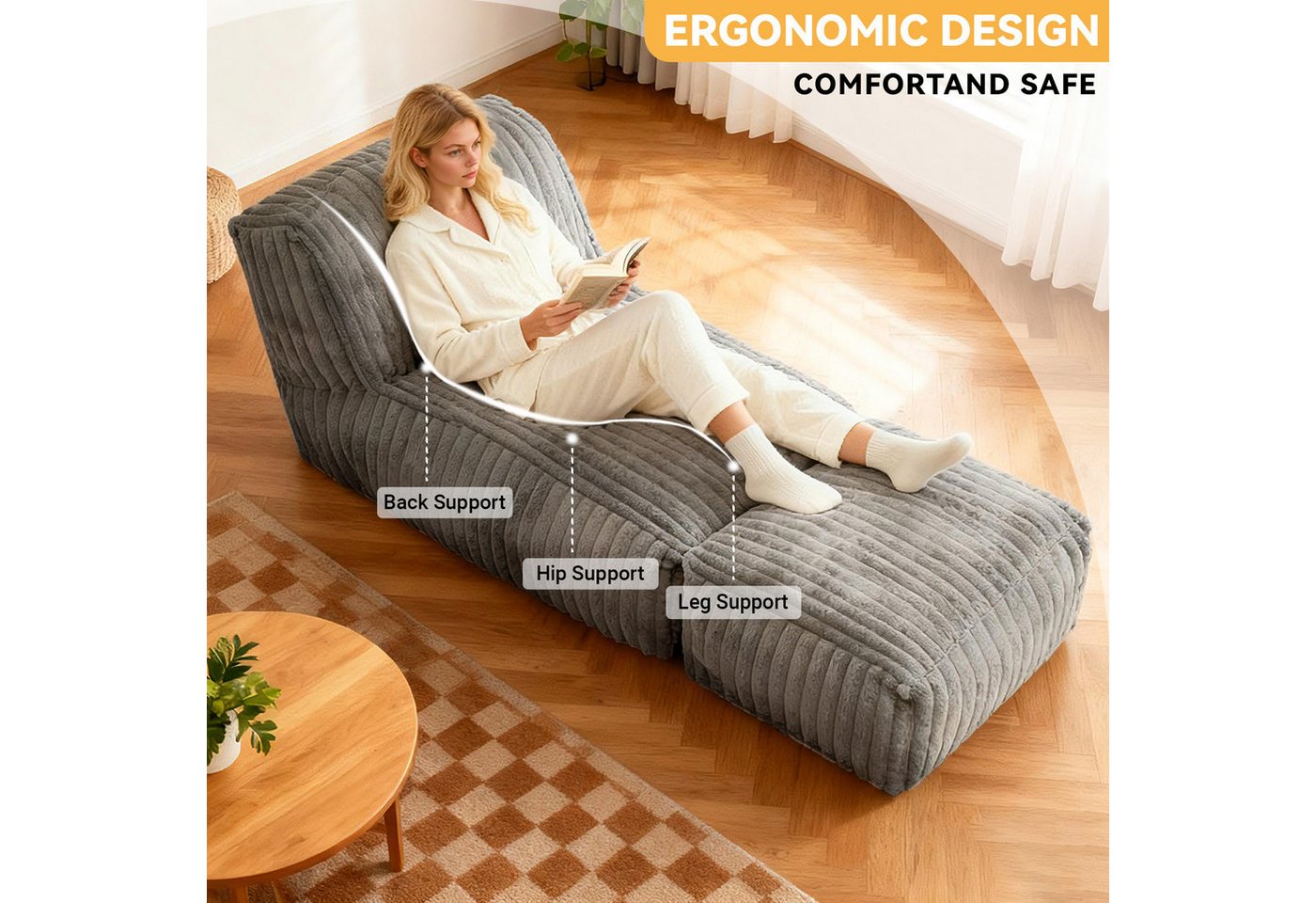 ANYSUN Sitzsack Cord Sitzsack mit Hocker,Großer Sitzsack,Lounge-Sessel für Erwachsene (Boden-Loungesessel, abnehmbarer & waschbarer Bezug,ergonomisch), Sitzsack – Bild 2 von 5