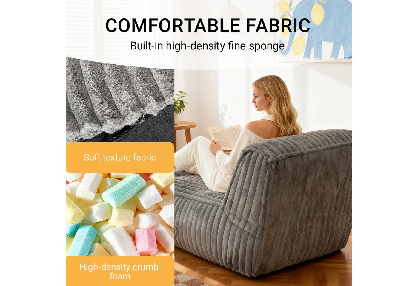 ANYSUN Sitzsack Cord Sitzsack mit Hocker,Großer Sitzsack,Lounge-Sessel für Erwachsene (Boden-Loungesessel, abnehmbarer & waschbarer Bezug,ergonomisch), Sitzsack – Bild 5 von 5