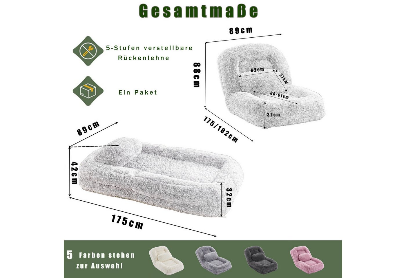 ANYSUN Sitzsack Relaxsessel Sofa Einzelsofa,faules Sofa,5-stufiges verstellbares, (Gaming-Stuhl auf Boden,Plüschstoff,Als Bodensofa), Wohnzimmer, geeignet für G – Bild 2 von 5