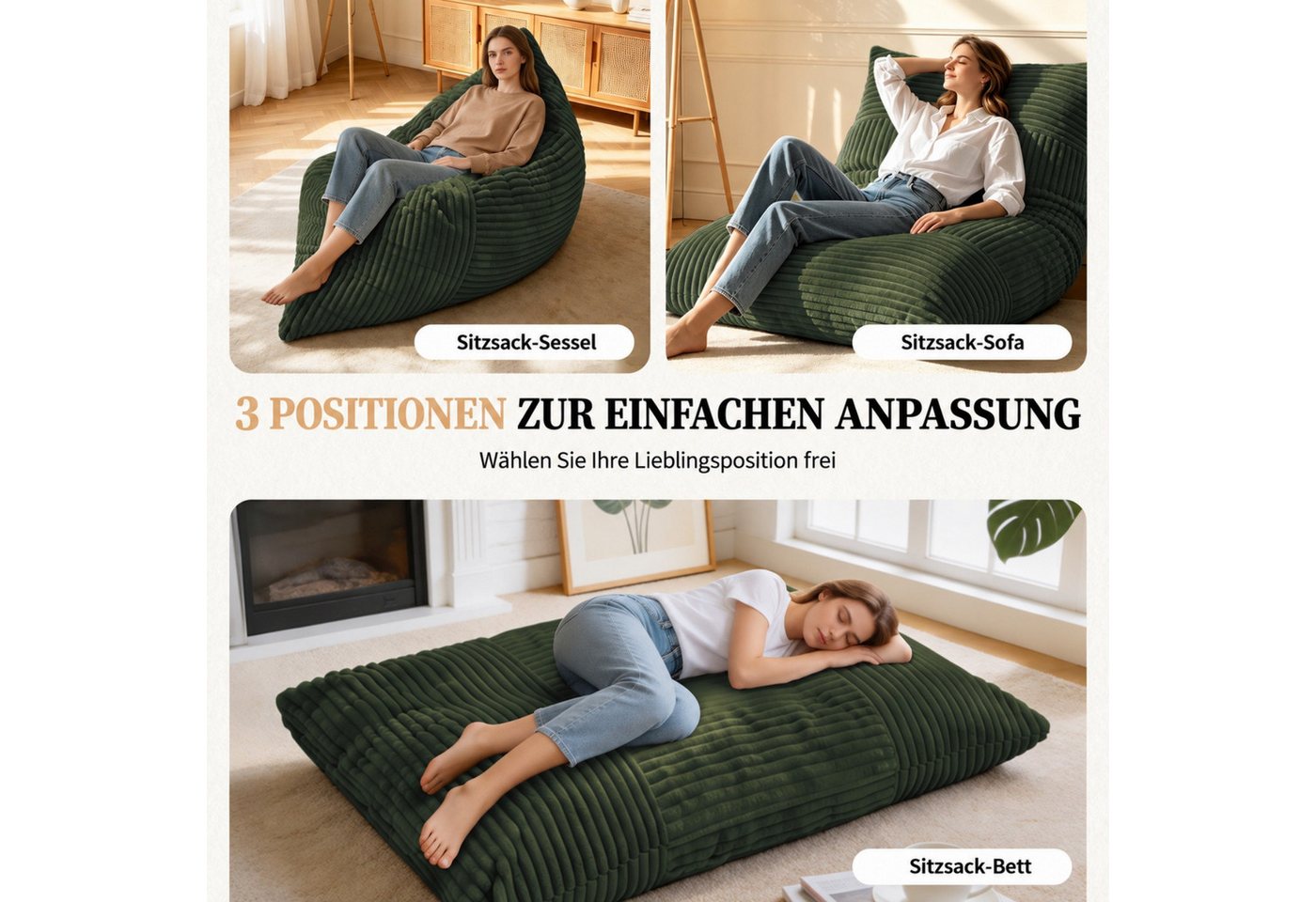 ANYSUN Sitzsack Übergroßer, wandelbarer Sitzsack, formstabil, mit Memory-Schaum (Set, Sitzsack), 180*125cm,Weicher Cordstoff, für Wohn-, Schlaf-, Gäste- & Gamin – Bild 2 von 5