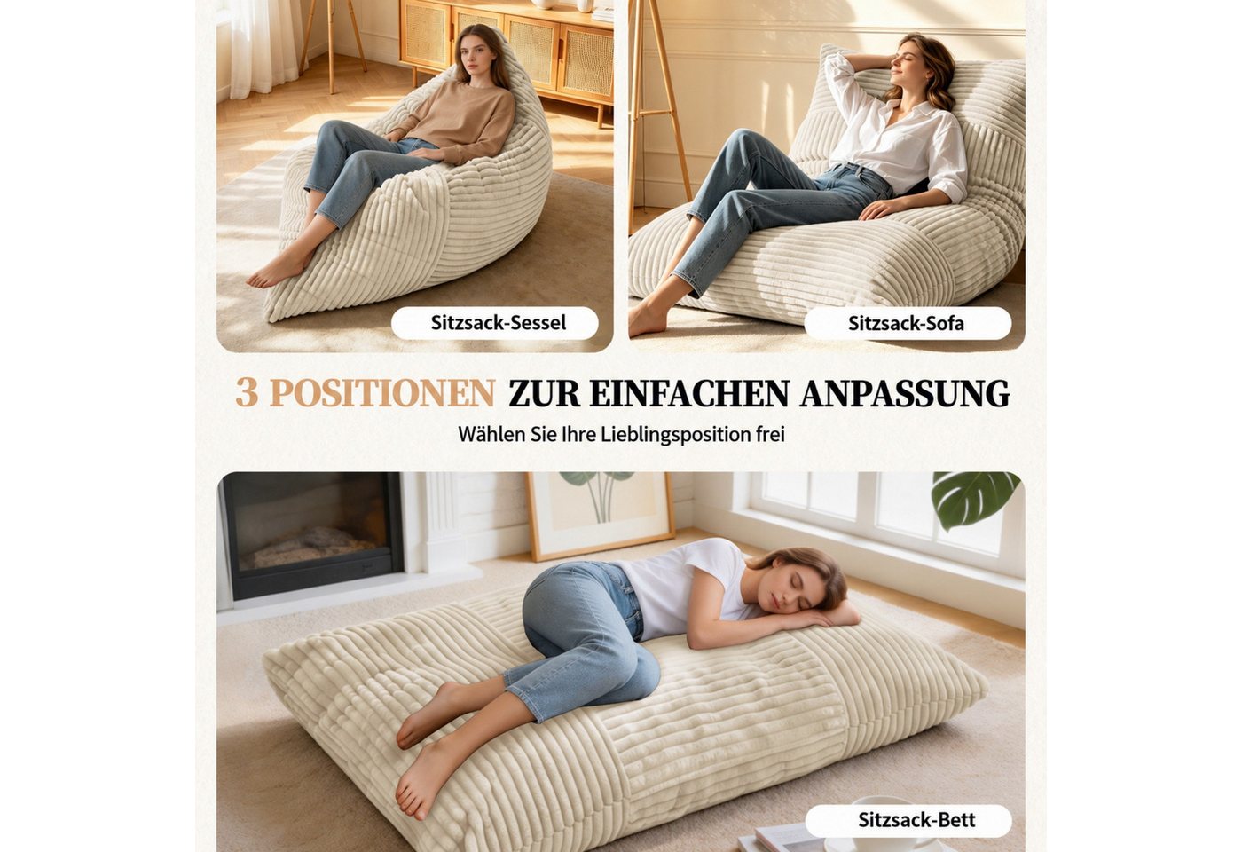 ANYSUN Sitzsack Übergroßer, wandelbarer Sitzsack, formstabil, mit Memory-Schaum (Set, Sitzsack), 180*125cm,Weicher Cordstoff, für Wohn-, Schlaf-, Gäste- & Gamin – Bild 3 von 5