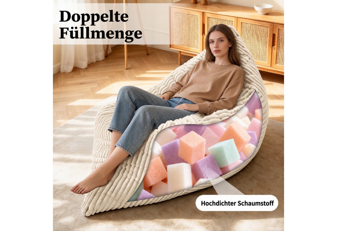 ANYSUN Sitzsack Übergroßer, wandelbarer Sitzsack, formstabil, mit Memory-Schaum (Set, Sitzsack), 180*125cm,Weicher Cordstoff, für Wohn-, Schlaf-, Gäste- & Gamin – Bild 4 von 5
