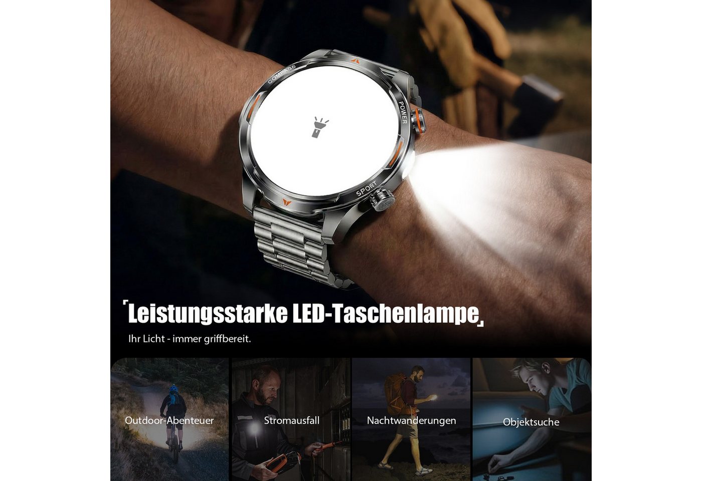 ANYSUN Smartwatch Herren,Sportuhr mit LED Taschenlampe & Kompass, Smartwatch (1,7 Zoll) IP68 Wasserdicht,100+ Sportmodi,mit Bluetooth,Fitness Tracker, Puls-SpO2 – Bild 4 von 5