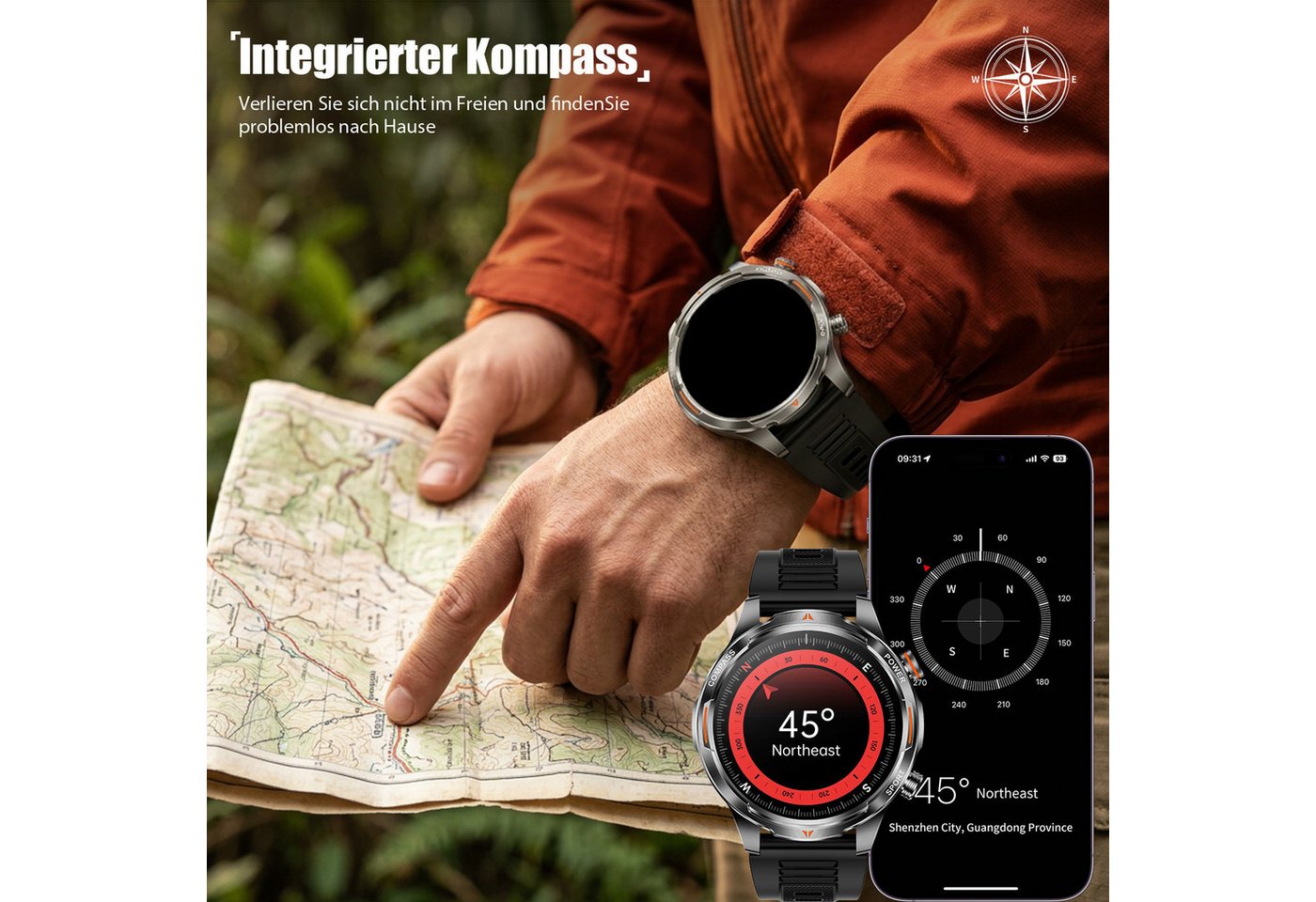 ANYSUN Smartwatch Herren,Sportuhr mit LED Taschenlampe & Kompass, Smartwatch (1,7 Zoll) IP68 Wasserdicht,100+ Sportmodi,mit Bluetooth,Fitness Tracker, Puls-SpO2 – Bild 5 von 5