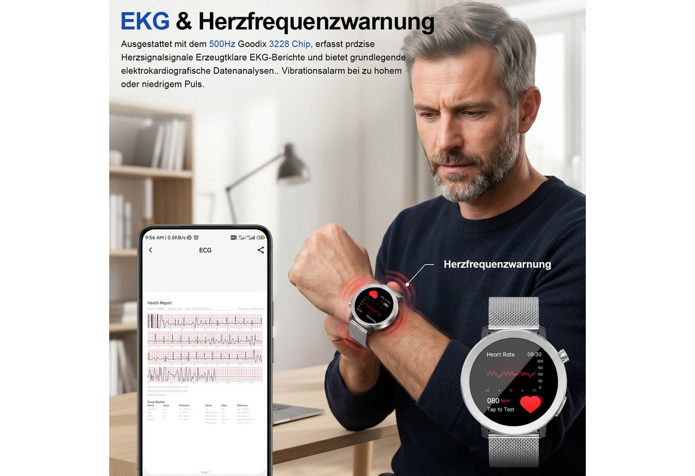 ANYSUN Smartwatch Herren Damen,Fitness Tracker Uhr mit Telefonfunktion Smartwatch (4,1 cm/1,46 Zoll) Gesundheitsuhr mit EKG+HRV/Blutdruckmessung/BMI, mit SOS-No – Bild 2 von 5