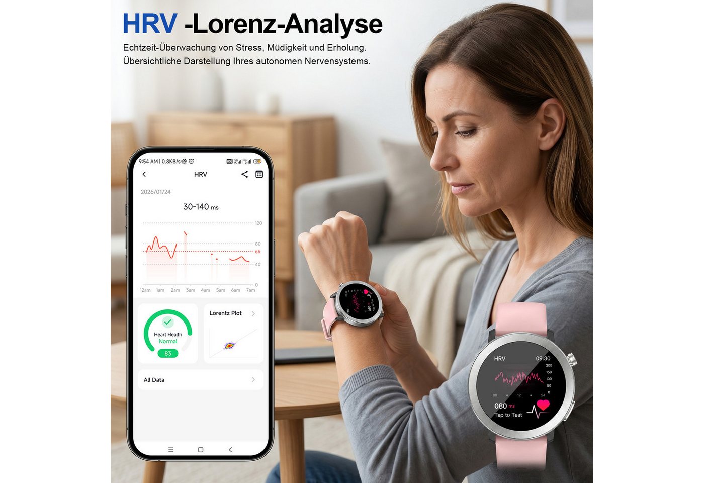 ANYSUN Smartwatch Herren Damen,Fitness Tracker Uhr mit Telefonfunktion Smartwatch (4,1 cm/1,46 Zoll) Gesundheitsuhr mit EKG+HRV/Blutdruckmessung/BMI, mit SOS-No – Bild 3 von 5
