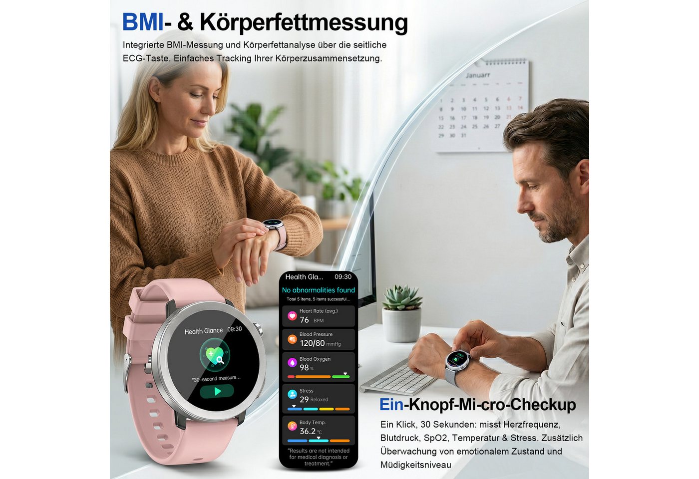 ANYSUN Smartwatch Herren Damen,Fitness Tracker Uhr mit Telefonfunktion Smartwatch (4,1 cm/1,46 Zoll) Gesundheitsuhr mit EKG+HRV/Blutdruckmessung/BMI, mit SOS-No – Bild 4 von 5