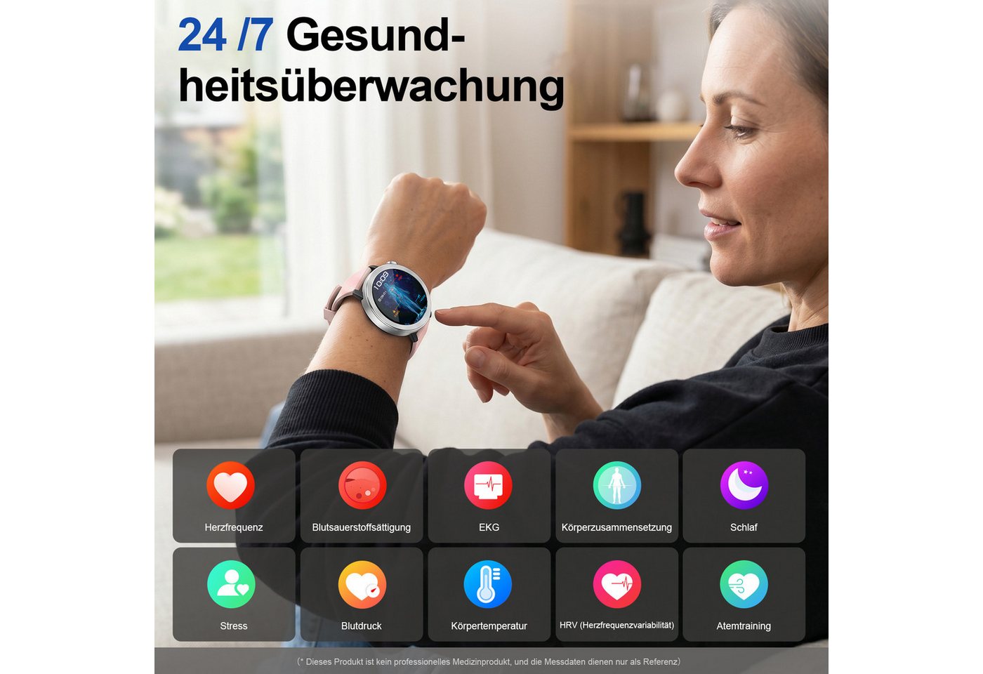 ANYSUN Smartwatch Herren Damen,Fitness Tracker Uhr mit Telefonfunktion Smartwatch (4,1 cm/1,46 Zoll) Gesundheitsuhr mit EKG+HRV/Blutdruckmessung/BMI, mit SOS-No – Bild 5 von 5