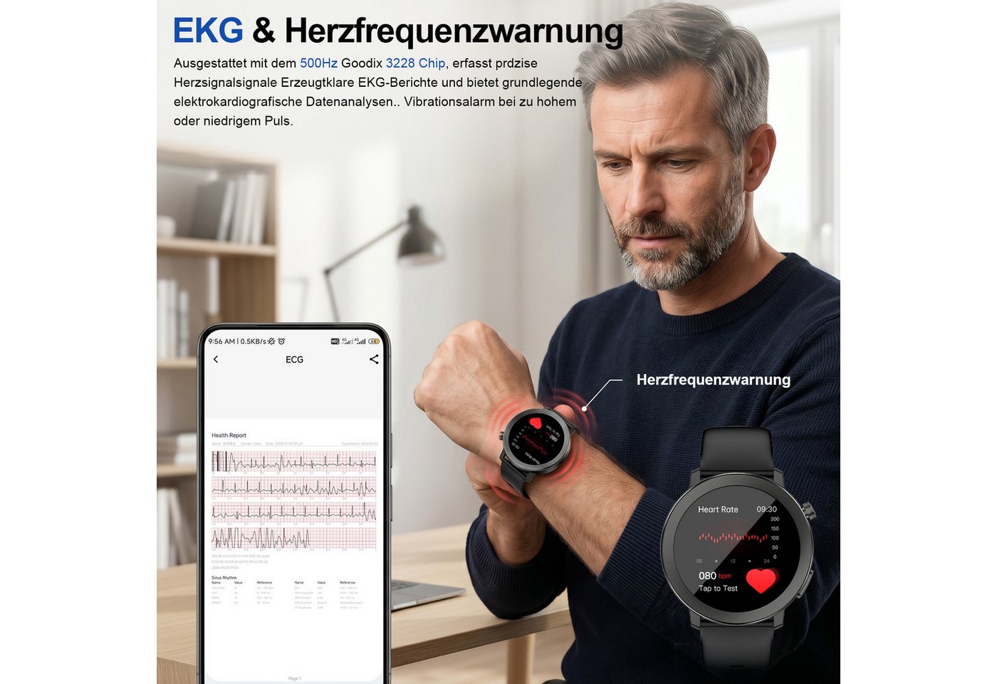 ANYSUN Smartwatch Herren Damen,Fitness Tracker Uhr mit Telefonfunktion Smartwatch (4,1 cm/1,46 Zoll) Gesundheitsuhr mit EKG+HRV/Blutdruckmessung/BMI, mit SOS-No – Bild 2 von 5