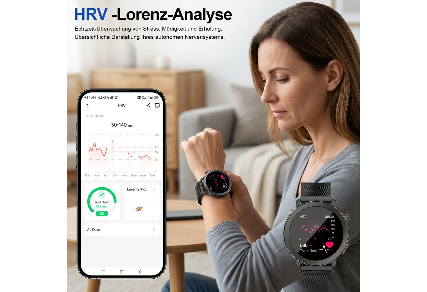 ANYSUN Smartwatch Herren Damen,Fitness Tracker Uhr mit Telefonfunktion Smartwatch (4,1 cm/1,46 Zoll) Gesundheitsuhr mit EKG+HRV/Blutdruckmessung/BMI, mit SOS-No – Bild 3 von 5
