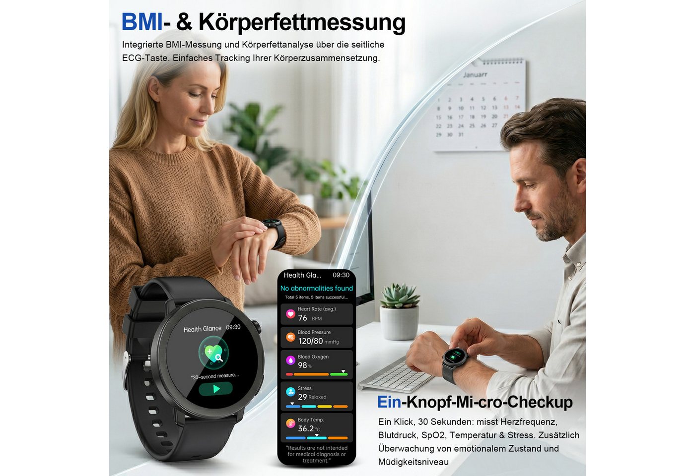 ANYSUN Smartwatch Herren Damen,Fitness Tracker Uhr mit Telefonfunktion Smartwatch (4,1 cm/1,46 Zoll) Gesundheitsuhr mit EKG+HRV/Blutdruckmessung/BMI, mit SOS-No – Bild 4 von 5