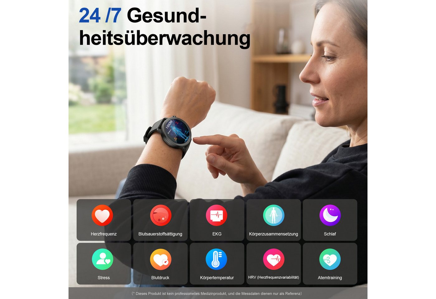 ANYSUN Smartwatch Herren Damen,Fitness Tracker Uhr mit Telefonfunktion Smartwatch (4,1 cm/1,46 Zoll) Gesundheitsuhr mit EKG+HRV/Blutdruckmessung/BMI, mit SOS-No – Bild 5 von 5