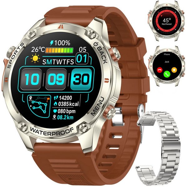 ANYSUN Smartwatch Herren Damen mit GPS, 1,43" AMOLED für den Outdoor-Einsatz Smartwatch (1,43 Zoll) Sportuhr mit 100+ Sportmodi-Puls-Schlaf-Schritte-Kalorien-Ki