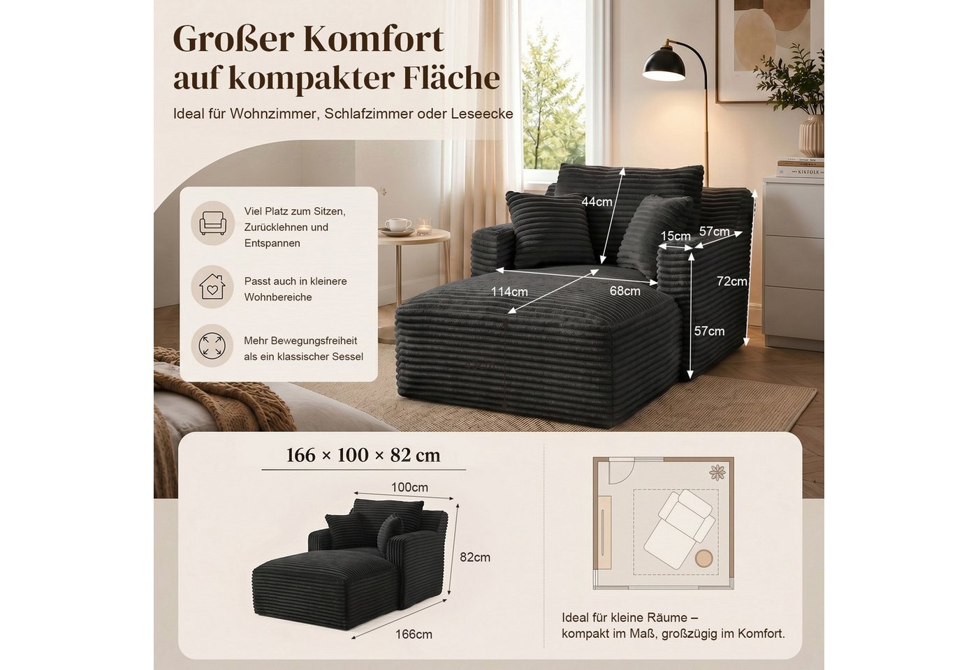 ANYSUN Sofa Cord-Schlafsofa mit 2 Kissen,Bequemes Einzelsitz-Bodensofa,Loungesofa, Relaxsessel Cord,Sessel,Loungesessel Cord,Lesesessel bequem, fur Wohnzimmer,  – Bild 4 von 5