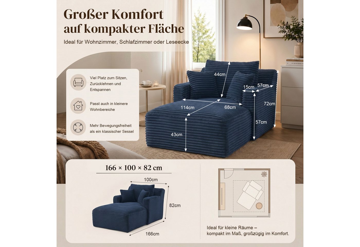 ANYSUN Sofa Cord-Schlafsofa mit 2 Kissen,Bequemes Einzelsitz-Bodensofa,Loungesofa, Relaxsessel Cord,Sessel,Loungesessel Cord,Lesesessel bequem, fur Wohnzimmer,  – Bild 4 von 5