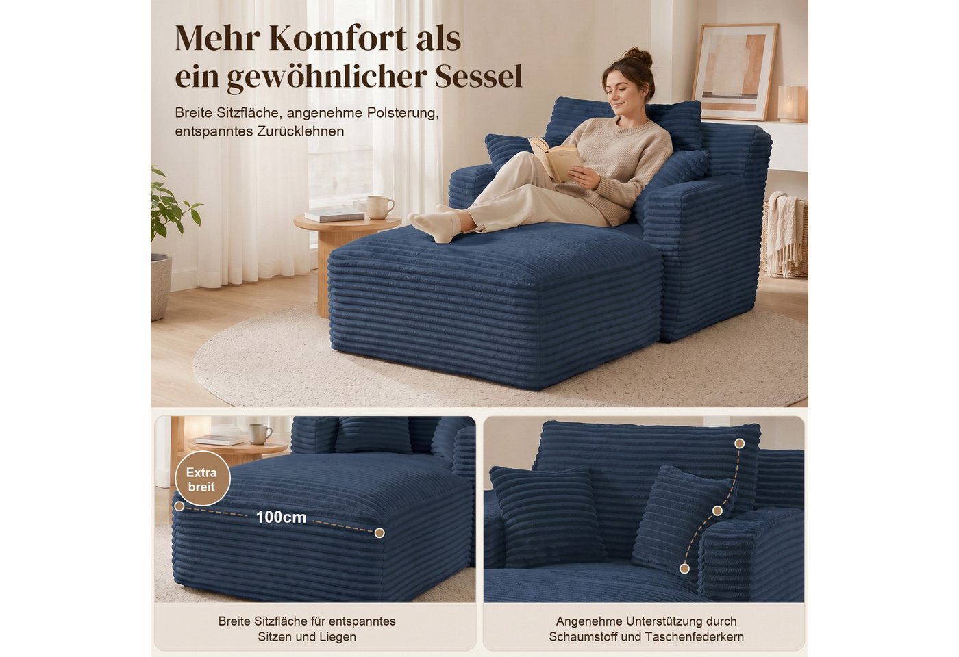 ANYSUN Sofa Cord-Schlafsofa mit 2 Kissen,Bequemes Einzelsitz-Bodensofa,Loungesofa, Relaxsessel Cord,Sessel,Loungesessel Cord,Lesesessel bequem, fur Wohnzimmer,  – Bild 5 von 5