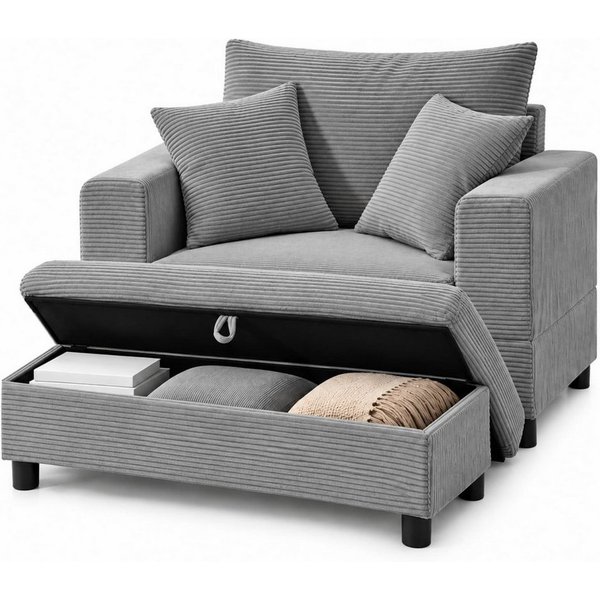 ANYSUN XXL-Sessel Loveseat mit Stauraumhocker, breiter Sitzfläche & 3 Rückenkissen (2-St), Cordsessel mit gepolsterten Armlehnen für Wohnzimmer & Leseecke,Grau