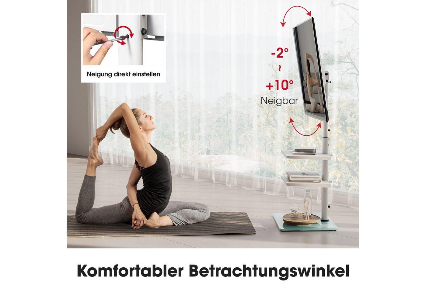 AOKCOS TV-Ständer mit 2 Ablagen, ±30° schwenkbar, höhenverstellbar, 32-70 Zoll, (bis 70 Zoll, -2° - 10° neigbar) – Bild 3 von 5