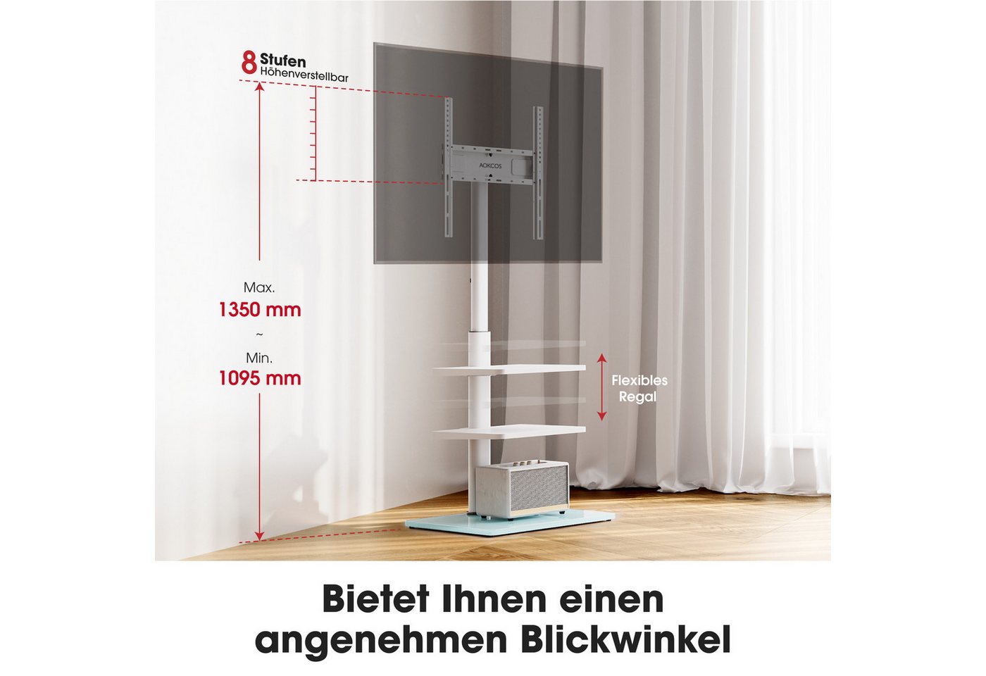 AOKCOS TV-Ständer mit 2 Ablagen, ±30° schwenkbar, höhenverstellbar, 32-70 Zoll, (bis 70 Zoll, -2° - 10° neigbar) – Bild 4 von 5