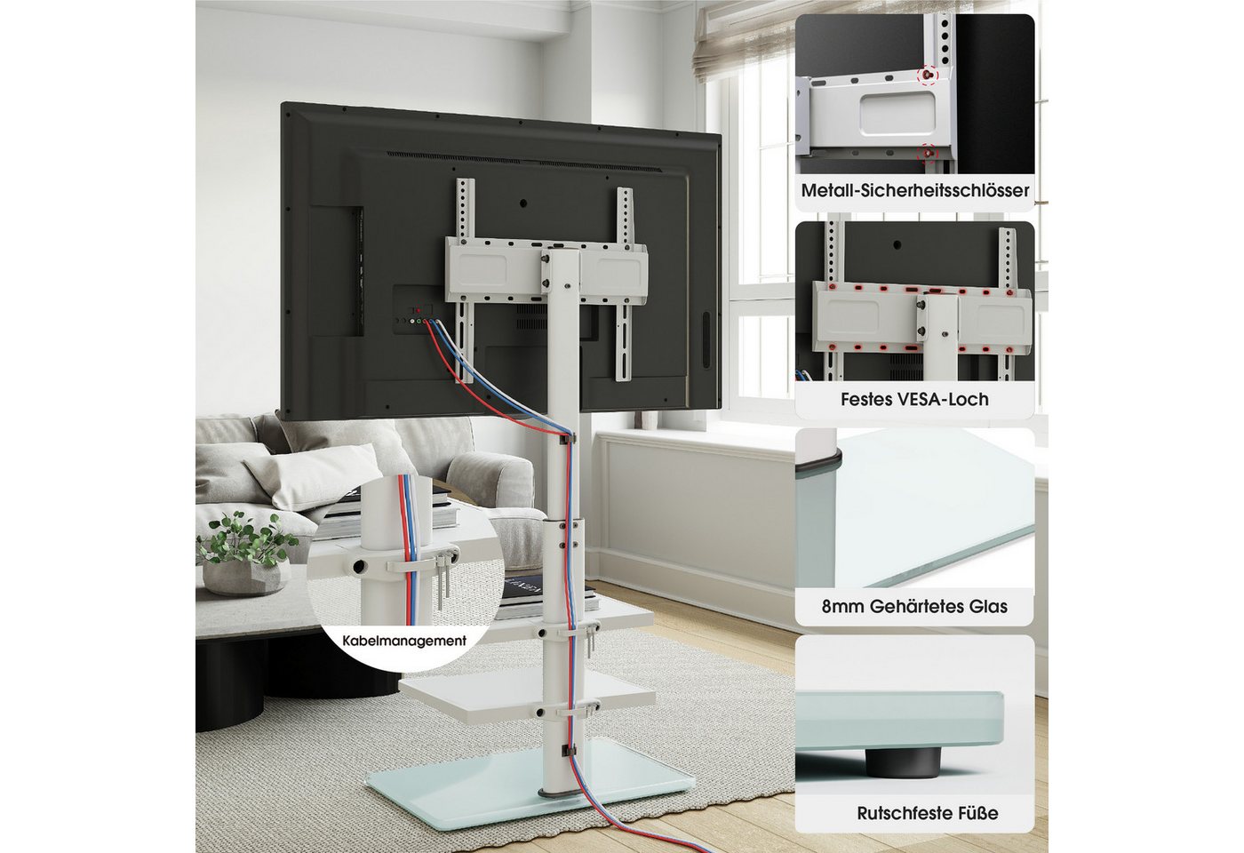 AOKCOS TV-Ständer mit 2 Ablagen, ±30° schwenkbar, höhenverstellbar, 32-70 Zoll, (bis 70 Zoll, -2° - 10° neigbar) – Bild 5 von 5