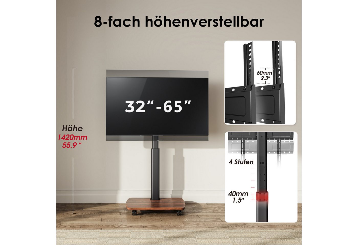 AOKCOS TV-Ständer mit Rollen, höhenverstellbar, ±30° schwenkbar, 32-65 Zoll, (bis 65 Zoll, mit Holz-Bodenplatte, -2° bis +10° neigbar) – Bild 2 von 5