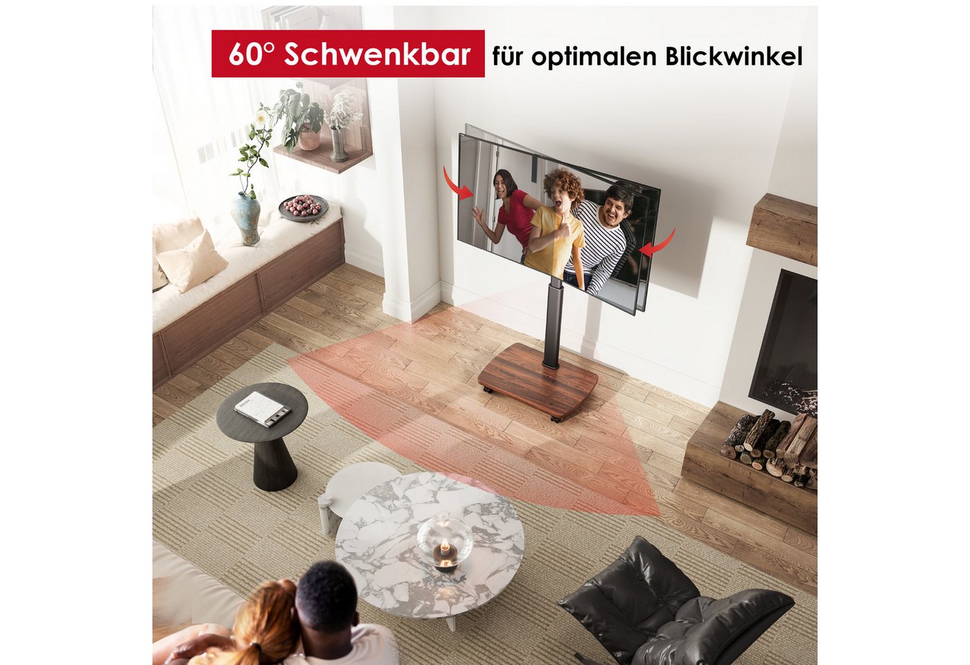 AOKCOS TV-Ständer mit Rollen, höhenverstellbar, ±30° schwenkbar, 32-65 Zoll, (bis 65 Zoll, mit Holz-Bodenplatte, -2° bis +10° neigbar) – Bild 3 von 5